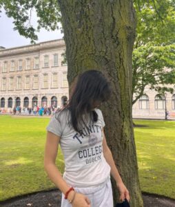 Trinity College custom white and navy ladies t-shirt