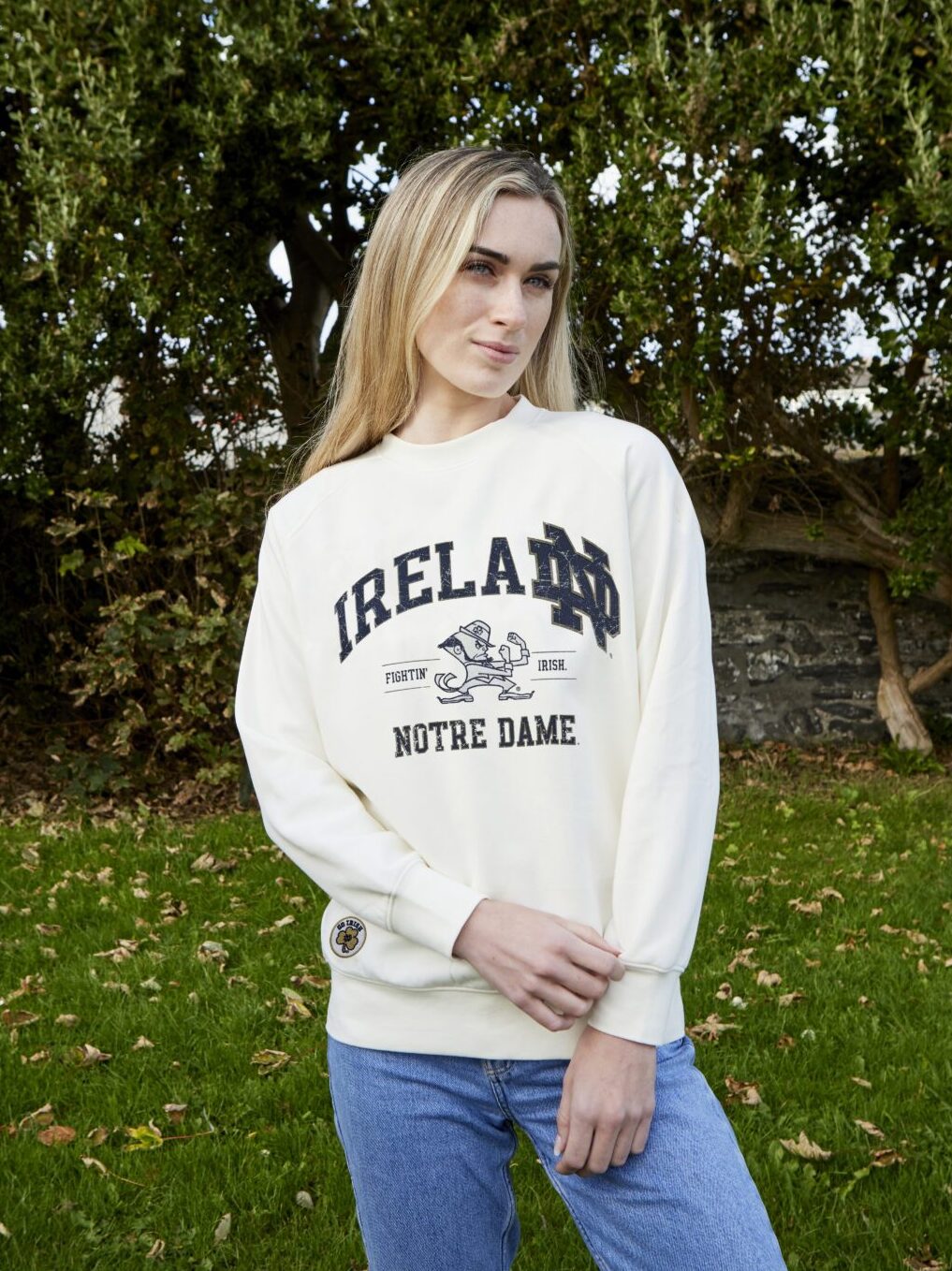 custom sweatshirt with woven badges and print