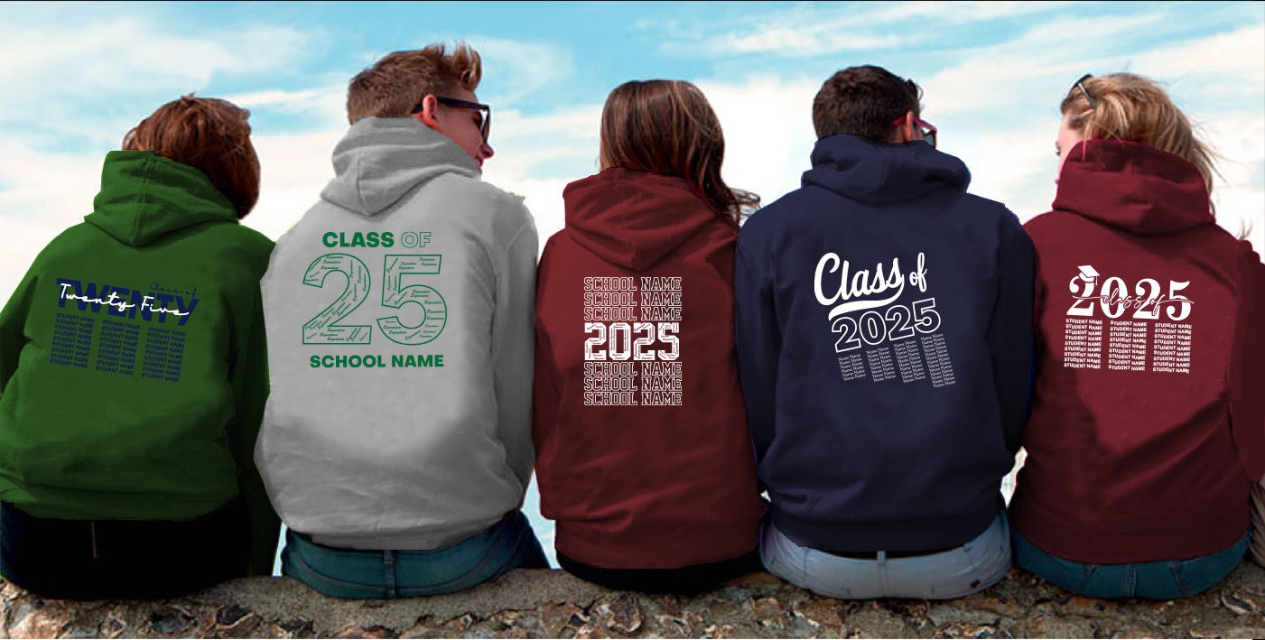 school graduation hoodies back prints row of kids 2025